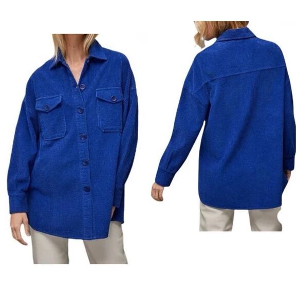 Avec Les Filles Anthropologie M Oversized Corduroy Shacket Royal Blue Button Up - Picture 8 of 12